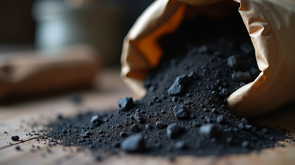 Eye-level view of a bag of high-quality charcoal with visible chunks