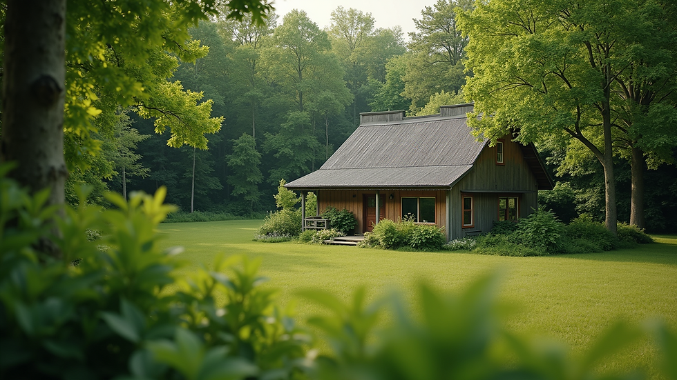 Wide angle view of a tiny house surrounded by lush greenery