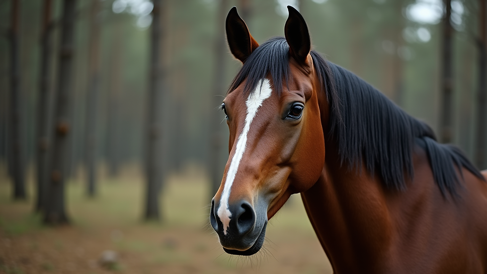 Close-up view of a horse’s head with a forest background