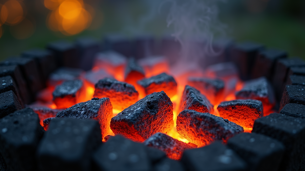 Close-up view of glowing charcoal briquettes in a barbecue grill
