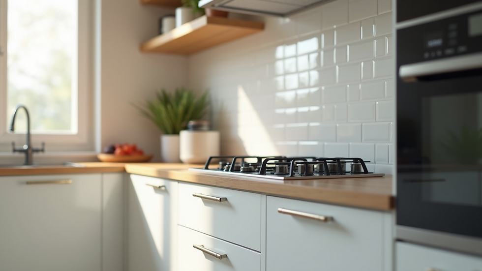 Close-up view of newly renovated kitchen with modern appliances