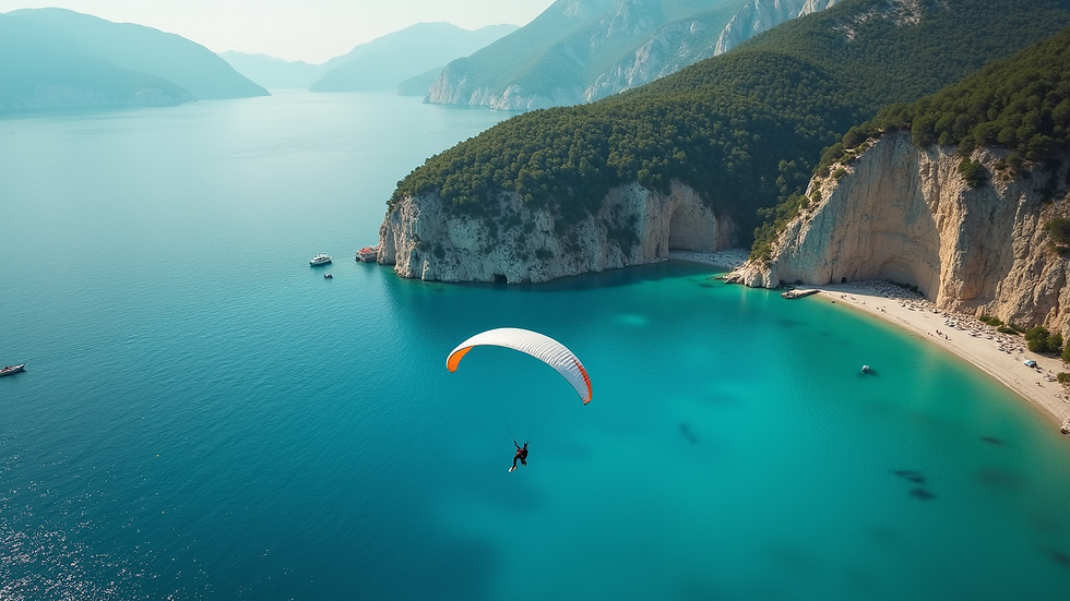 High angle view of a paraglider soaring over the turquoise lagoon of Ölüdeniz