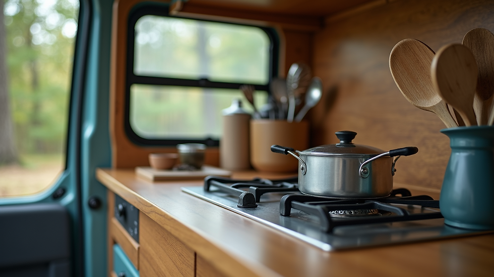 Eye-level view of a neatly organized campervan kitchen with cooking utensils and a small stove