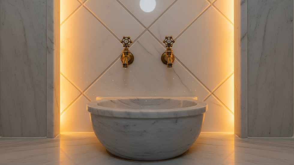 Close-up view of marble basin with traditional water taps in a Turkish bath