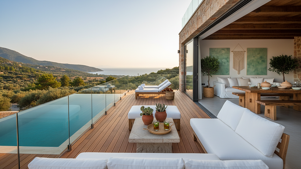 Wide angle view of a peaceful eco villa terrace overlooking a green valley