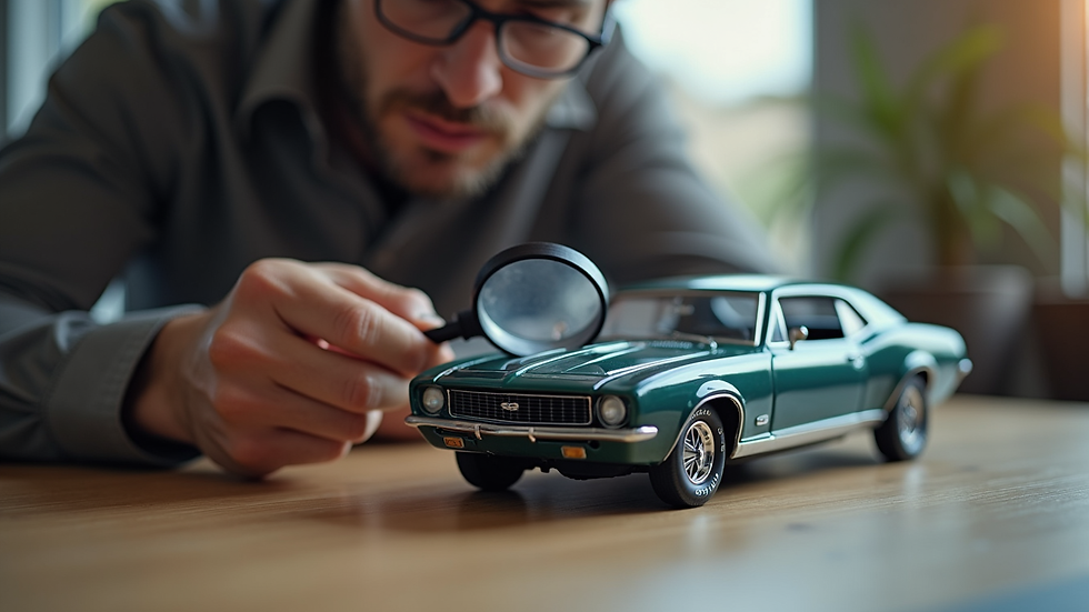 Eye-level view of a collector examining a model car with a magnifying glass