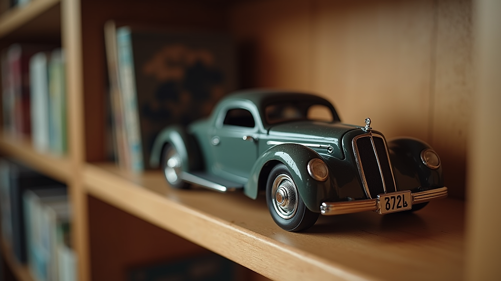 Close-up view of a vintage model car on a wooden shelf