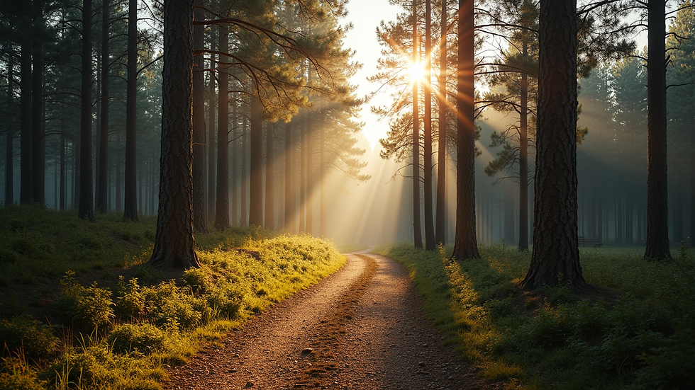 Wide angle view of pine forest trail with sunlight filtering through trees