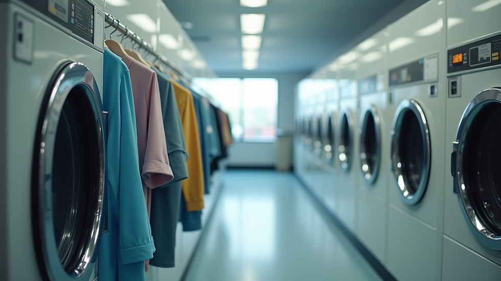 Eye-level view of a modern dry cleaning shop interior with hanging clothes