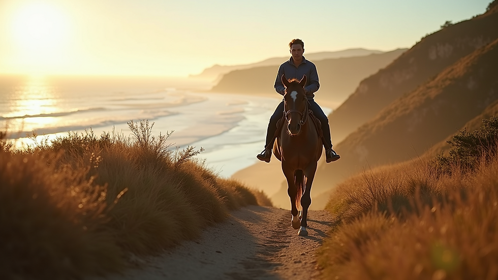Eye-level view of a horse and rider on a coastal trail