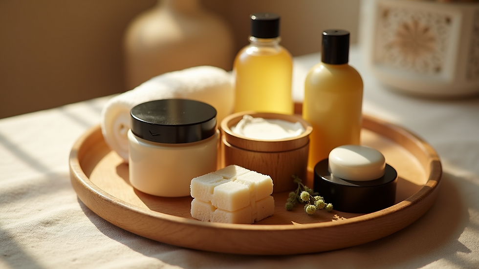 High angle view of spa products arranged on a wooden tray