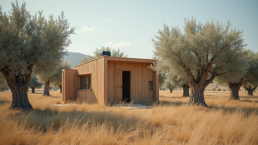 Wide angle view of a minimalist wooden tiny house surrounded by olive trees
