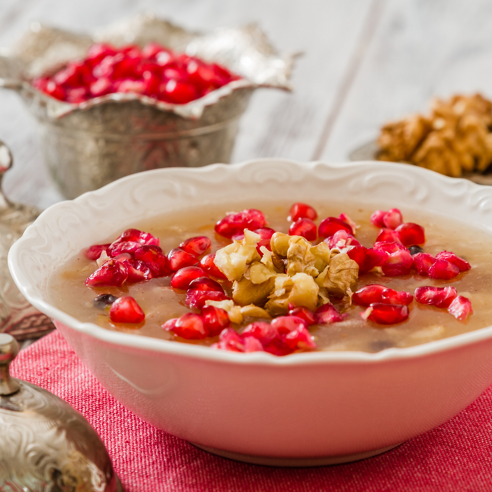 Close-up of Aşure in a decorative bowl