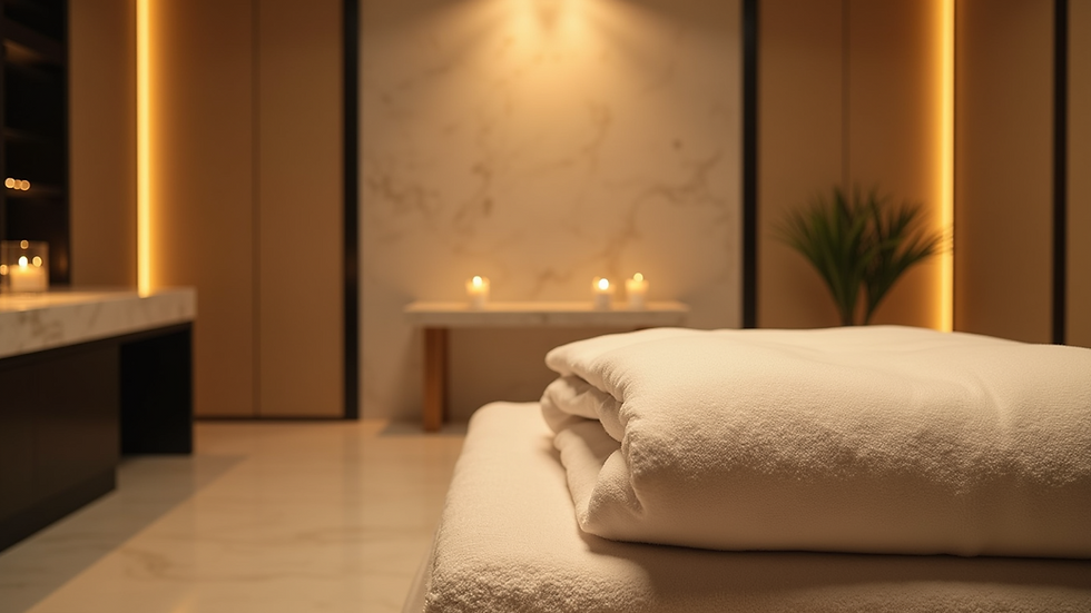Eye-level view of elegant spa treatment room with soft lighting