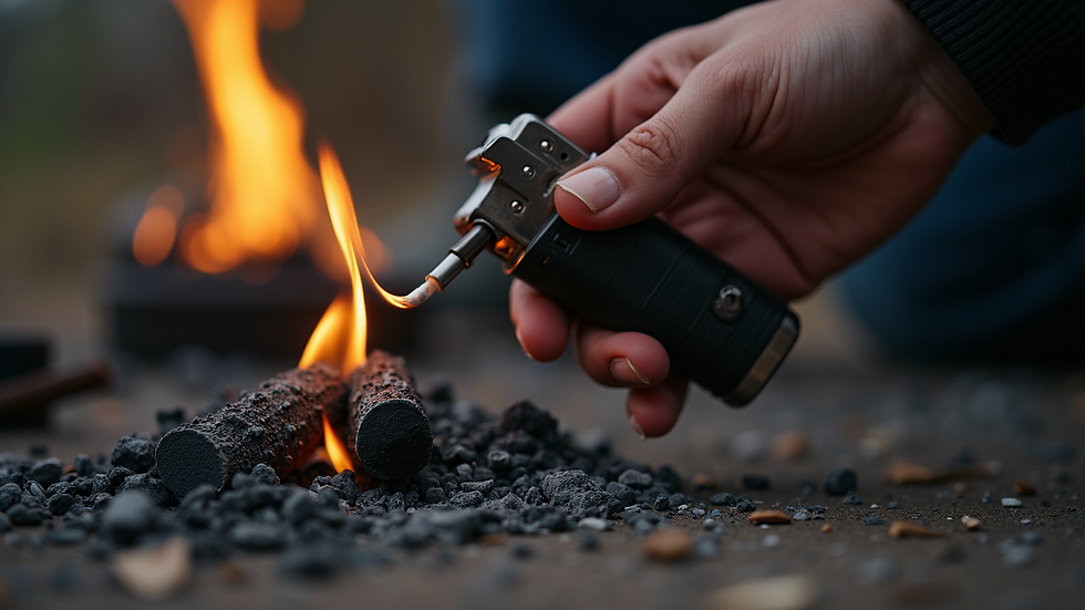 Eye-level view of a person lighting charcoal with a gas lighter