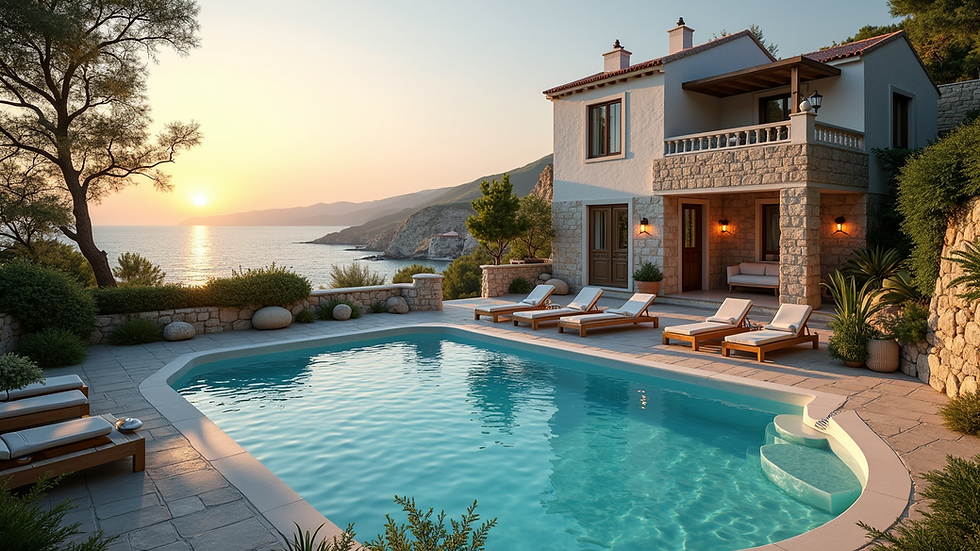 High angle view of a peaceful private pool surrounded by greenery