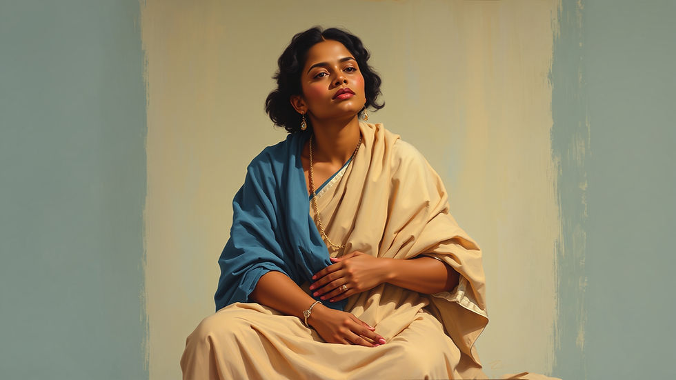 Portrait of a woman in a cream and blue sari sitting calmly against a soft painted wall, wearing gold jewelry.