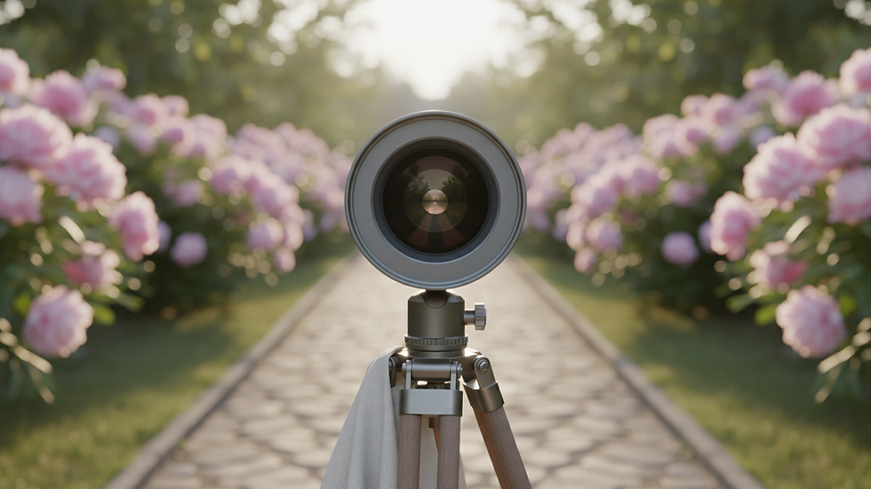 Close-up view of a professional camera lens on a tripod