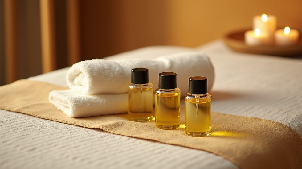 Close-up view of a massage table with aromatic oils and towels