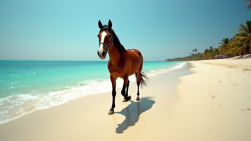 Eye-level view of a horse trotting along a sandy beach with turquoise sea in the background