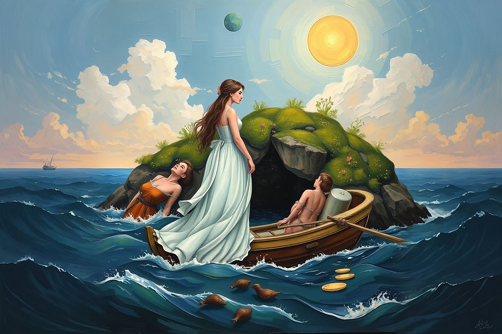 Surreal painting of three women in a small boat by a grassy rocky island at sea under a bright sun and clouds.