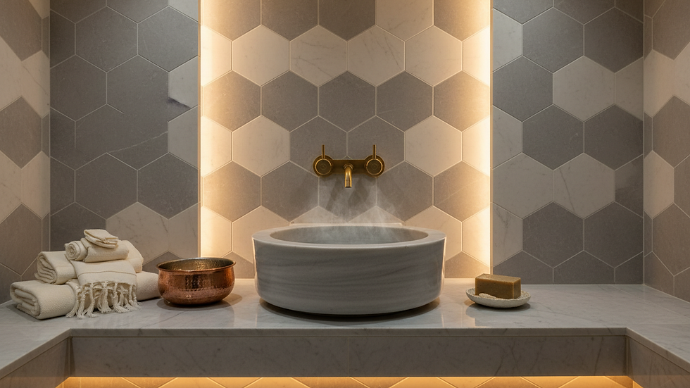 Close-up view of marble basin and traditional Hamam accessories in a Turkish bath
