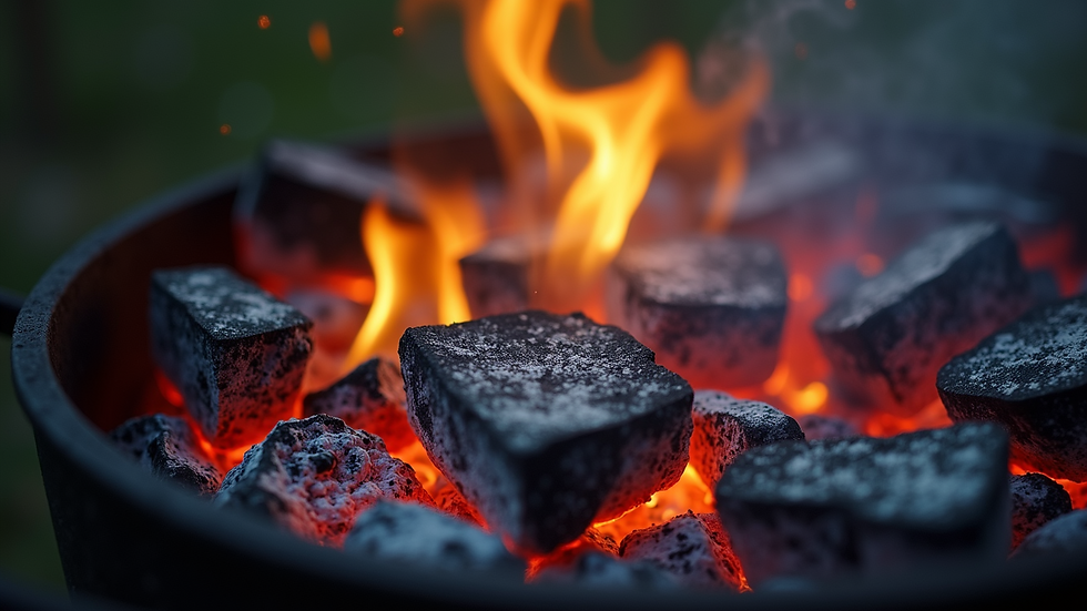 Eye-level view of a barbecue grill with glowing charcoal