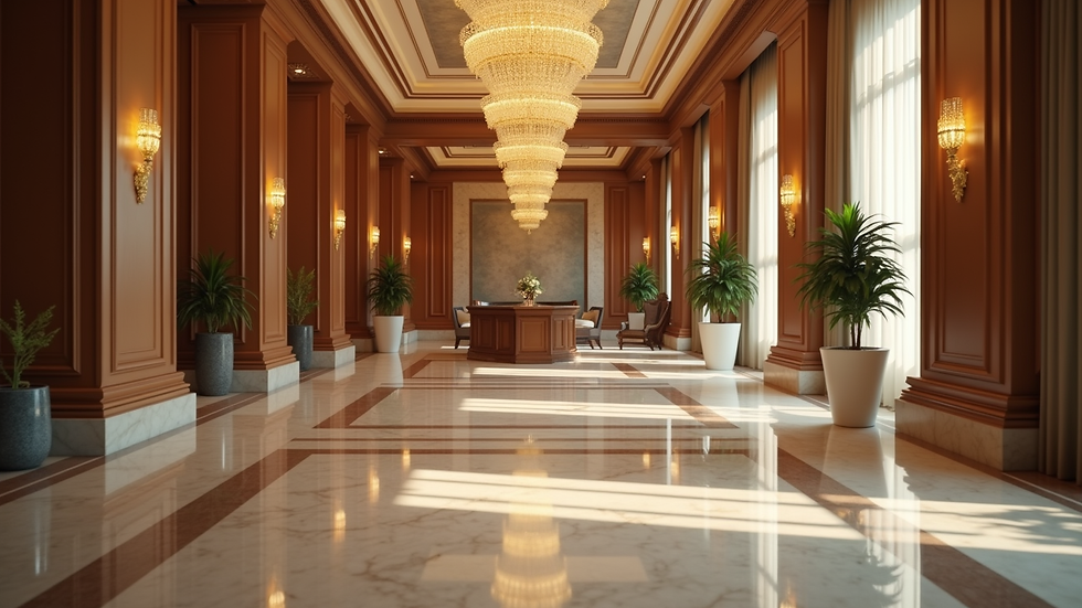 Eye-level view of a luxury hotel lobby with elegant decor