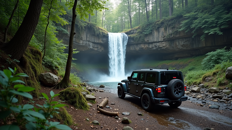Wide angle view of a jeep parked near a waterfall in a forest