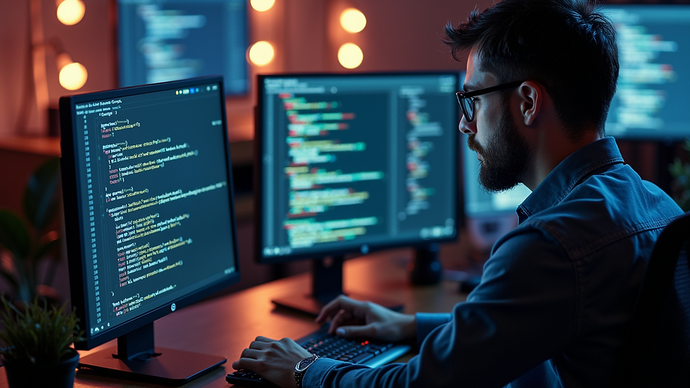 High angle view of a developer's workspace with code on multiple screens