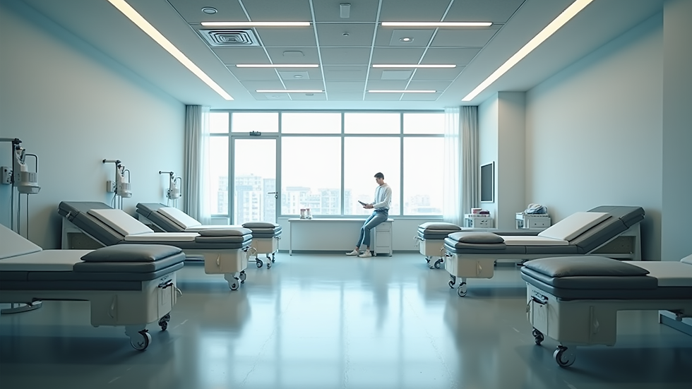 Eye-level view of a professional physiotherapy clinic with organized therapy sets