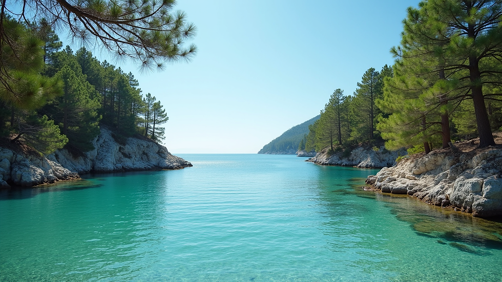 Eye-level view of a quiet bay with turquoise water and pine trees