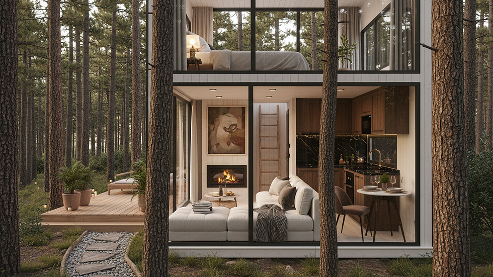 Eye-level view of a cozy tiny home surrounded by pine trees