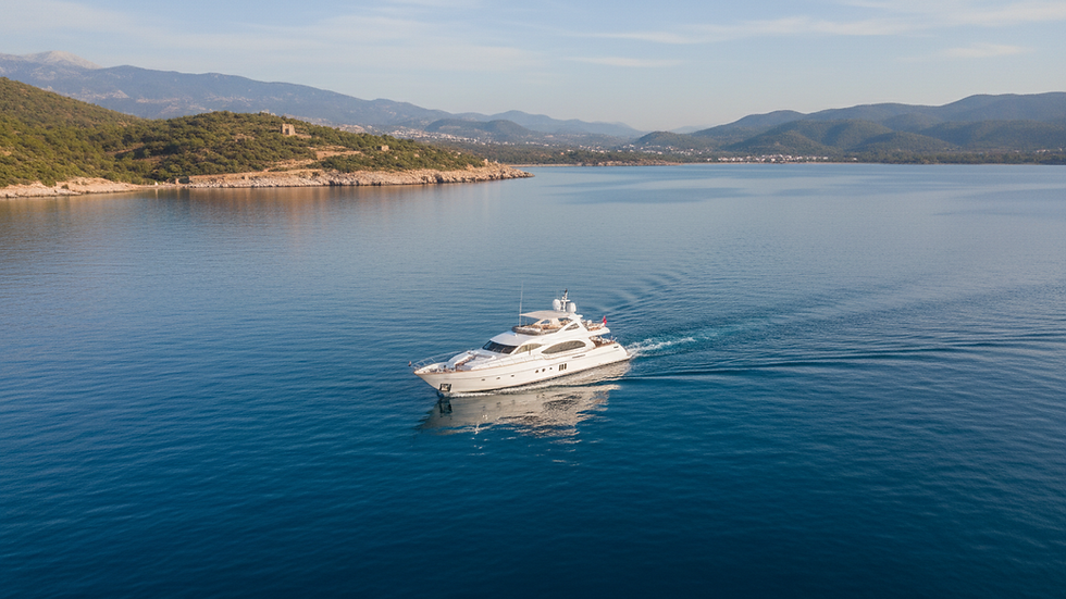 High angle view of a luxury yacht cruising near Marmaris coastline