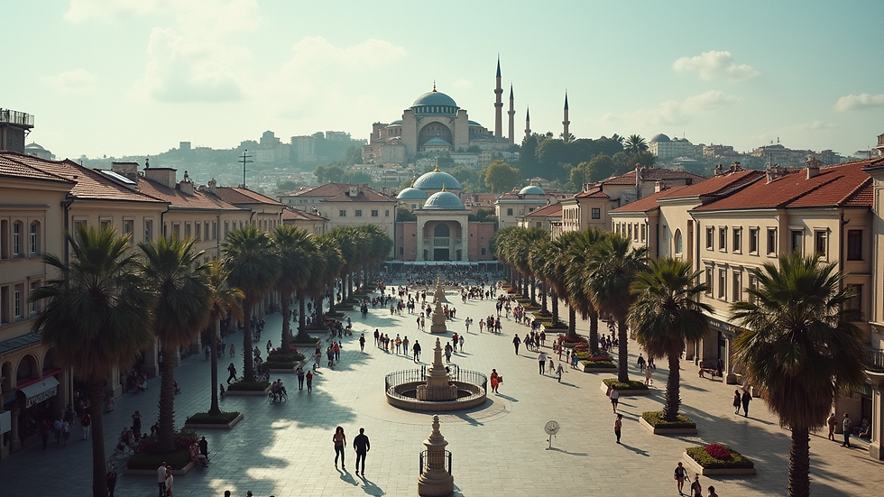 High angle view of Taksim Square with people and historic buildings