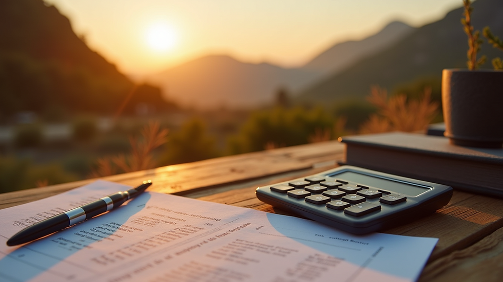 Close-up of campervan rental contract and calculator on a wooden table