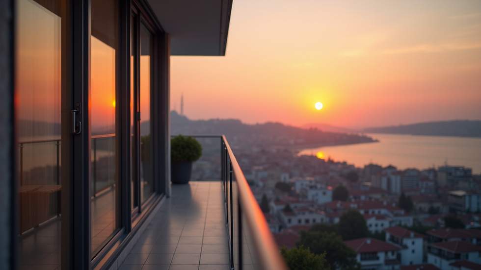 Close-up view of a balcony overlooking Istanbul’s skyline at sunset from an aparthotel