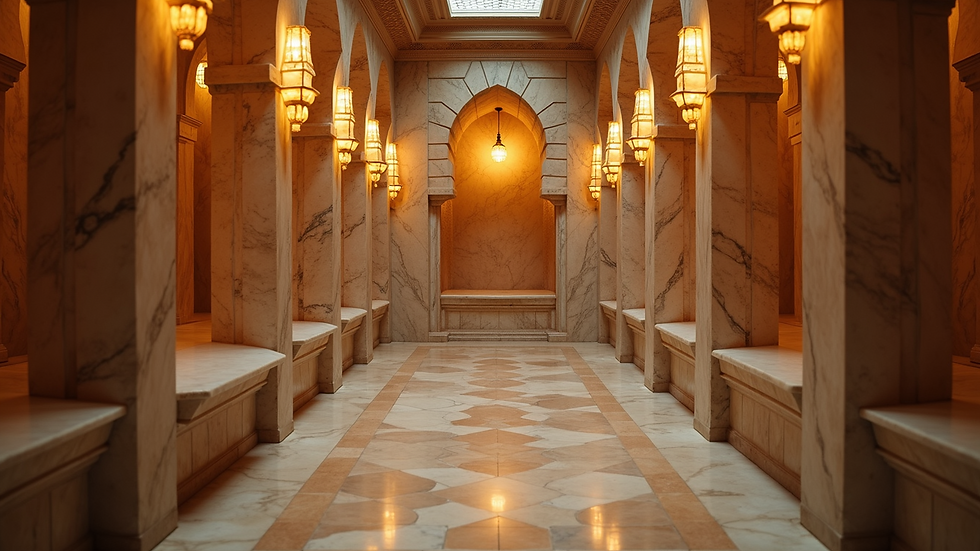 Eye-level view of a traditional Turkish hamam interior with marble surfaces and warm lighting