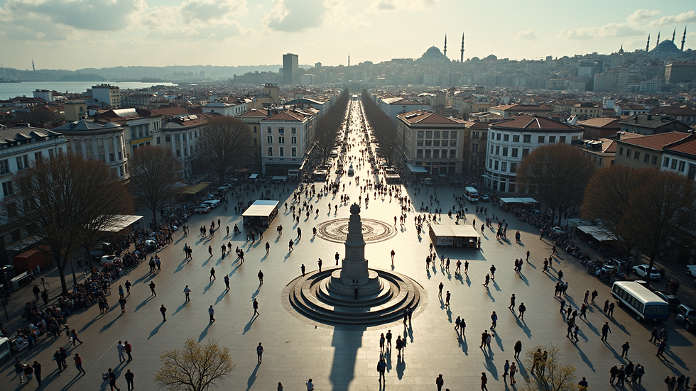 High angle view of Taksim Square bustling with people and city life