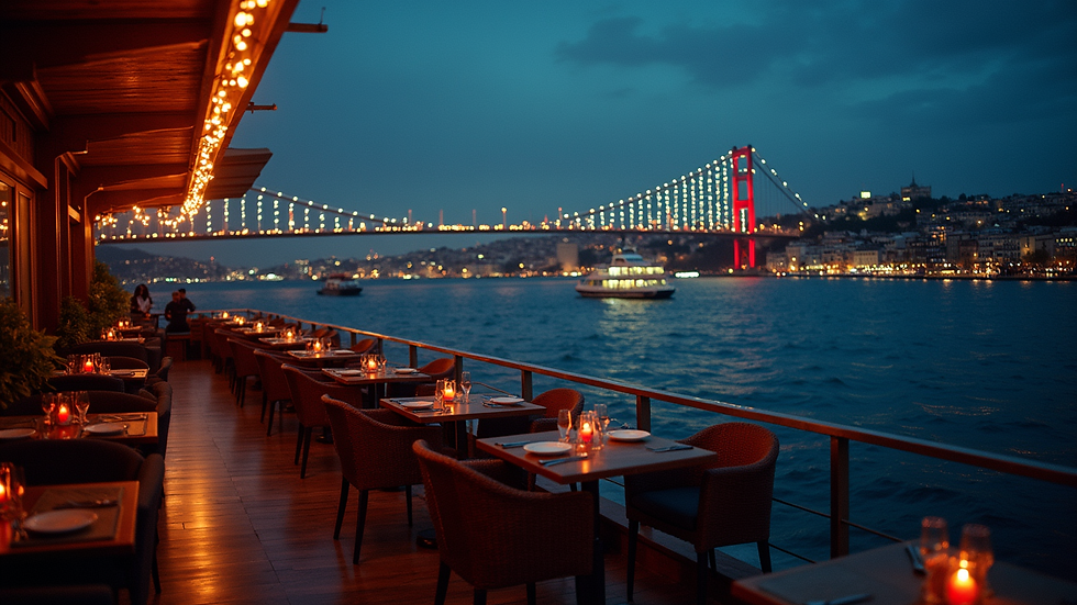 High angle view of a rooftop bar in Taksim overlooking the Bosphorus at night