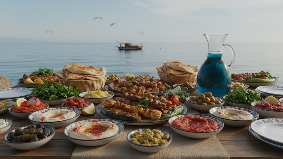 Close-up of a traditional Turkish feast with colourful mezes and kebabs