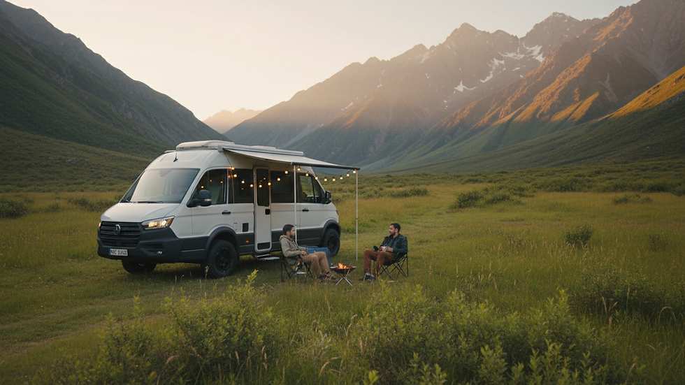Wide angle view of a campervan parked in a green valley with mountains in the background