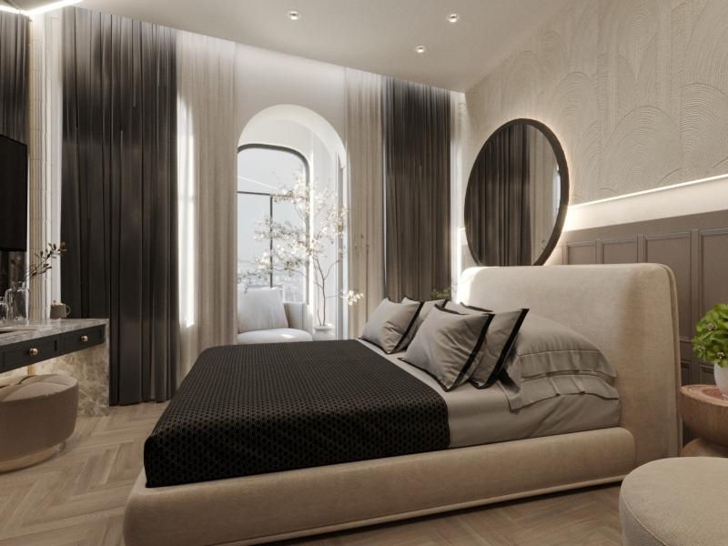 Luxury bedroom design with bed, mirror, window and decor, Boutique Hotel