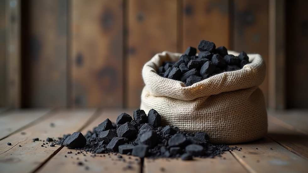 Eye-level view of a bag of natural charcoal briquettes on a wooden floor