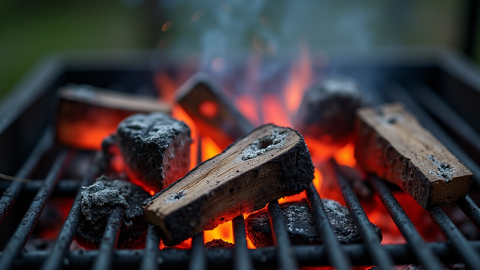 Close-up view of charcoal grill with wood charcoal