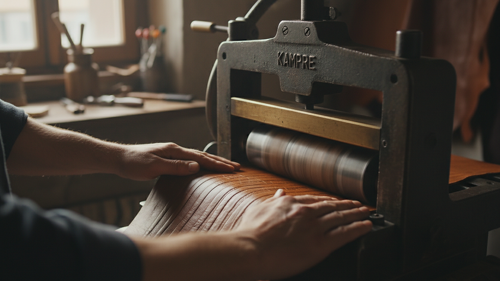 High angle view of leather being processed in kampre machine