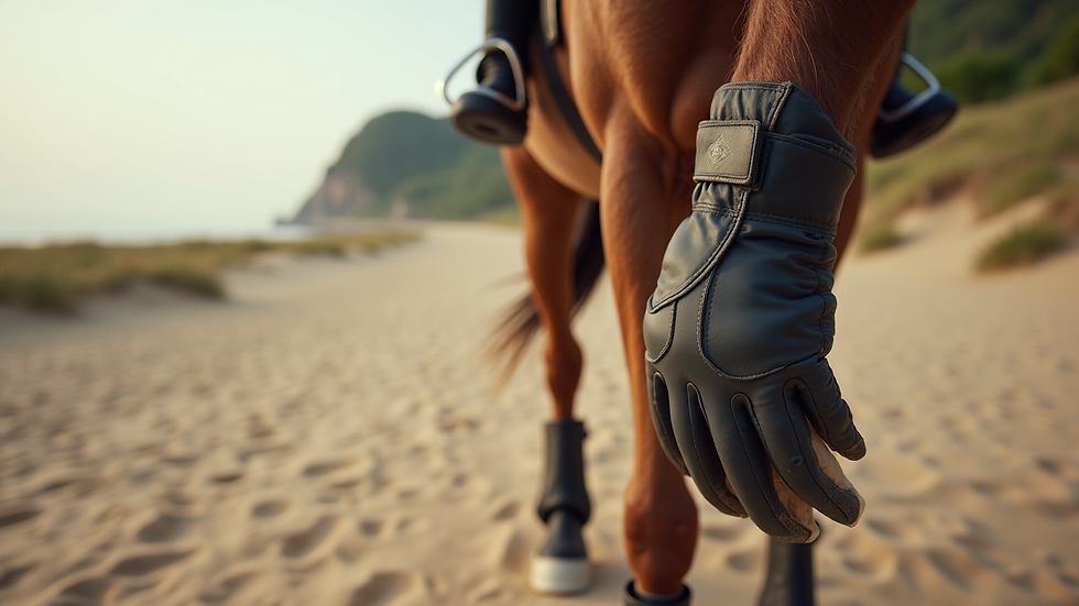 Close-up view of a rider wearing protective gloves and boots on a sandy beach trail