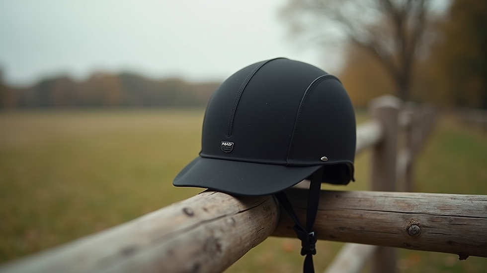 Close-up view of a certified riding helmet on a wooden fence