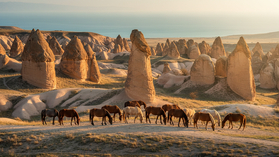 High angle view of horses grazing near Cappadocia rock formations