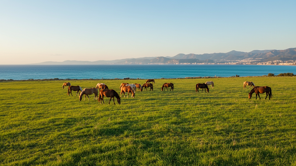 Wide angle view of horses grazing in a green meadow near Marmaris